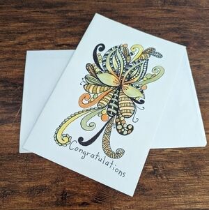 🌻 5/$20 Handmade Floral Zentangle Card- Yellow, Orange & Black- Congratulations